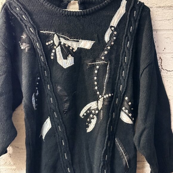 Vintage Black Embellished Statement Sweater – Pearl Beads + Satin Appliqué - Picture 2 of 8